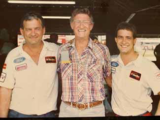 The three generations of the Fox family in NASCAR, Raymond Fox II (left) with his father and Raymond Fox III trackside.